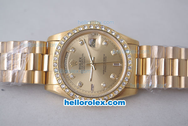Rolex Day-Date Oyster Perpetual Automatic Full Gold with Gold Dial and Diamond Marking,Gold with Diamond Bezel-Big Calendar - Click Image to Close